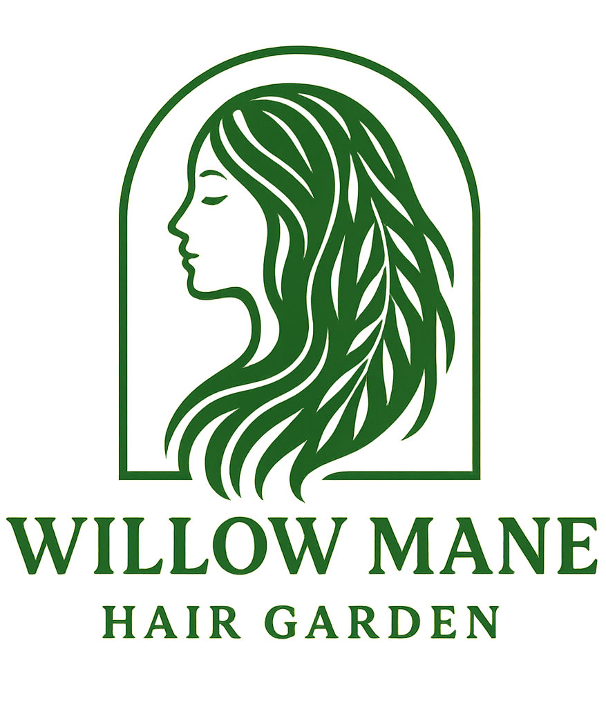 Green logo of a woman's profile with flowing hair, enclosed in an arch, with the words 'Willow Mane Hair Garden' below.