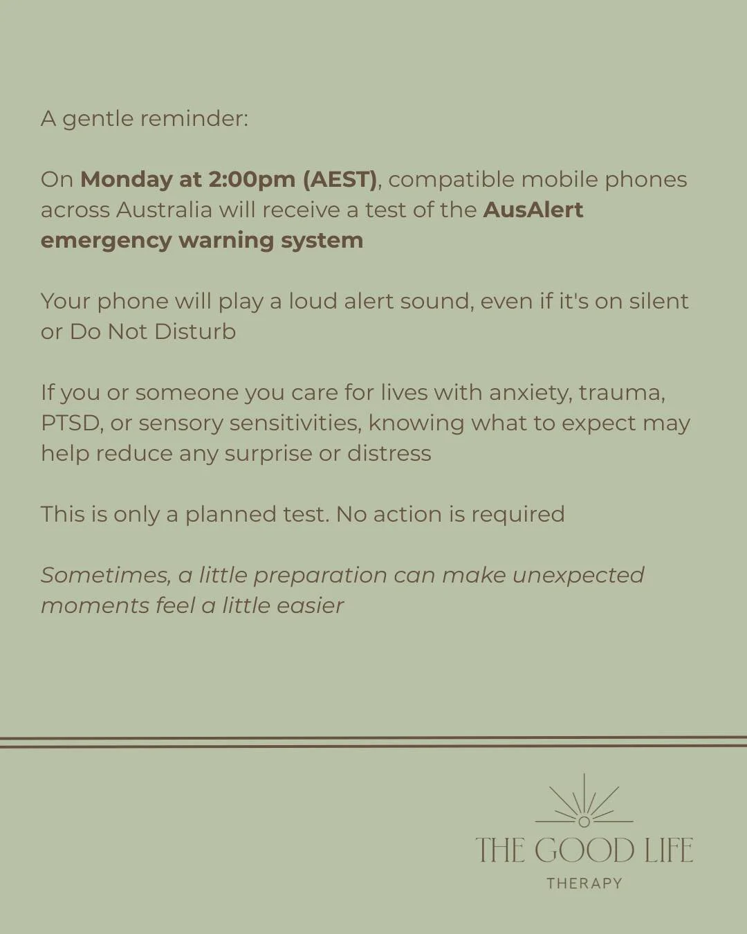 🚨 Your phone will sound an emergency alert at 2pm on Monday. Here's why:

On Monday 27 July at 2:00pm AEST, compatible mobile, tablet and watches across Australia will receive a test of the new AusAlert emergency warning system. Your phone will vibr