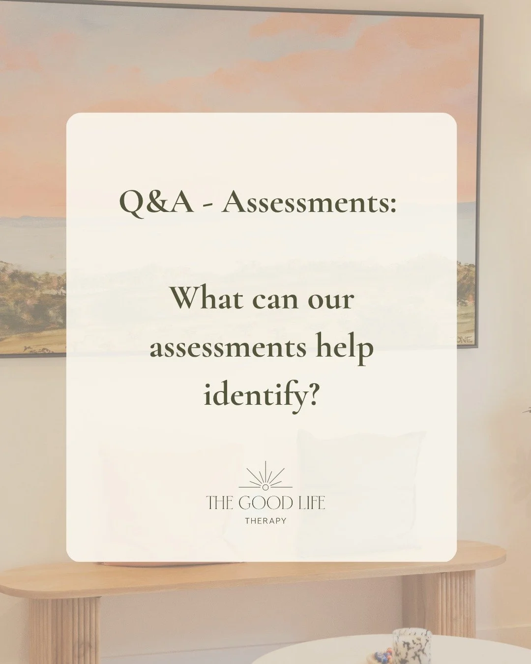 Assessment FAQ ✨

One of the questions we're often asked is what our assessments can actually help with

Depending on your concerns, assessments may explore:

&bull; ADHD
&bull; Autism
&bull; Learning Disorders
&bull; Cognitive Functioning
&bull; Gif