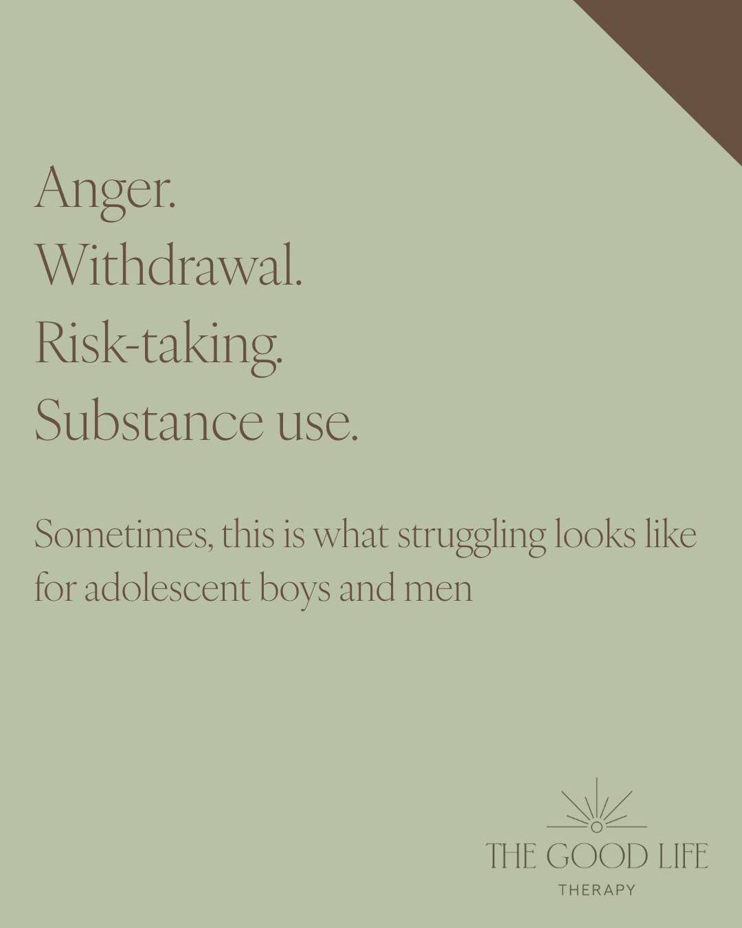 Anger, withdrawal, impulsive behaviour or increased substance use can sometimes be signs that an adolescent boy or man is struggling. Avoidance, risk-taking and unhealthy coping strategies may also occur when emotions become uncomfortable, and numbin