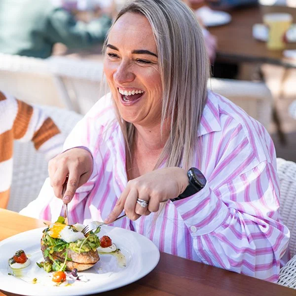 Spoons Riverside lady smiling eating delicious food