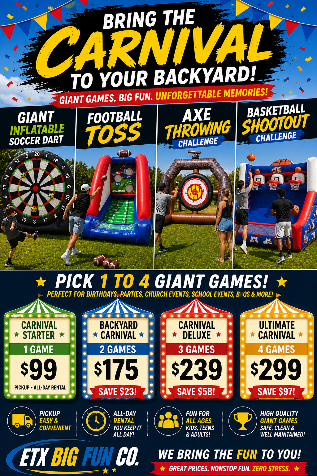 ETX Big Fun traveling carnival inflatable game packages in Longview and East Texas