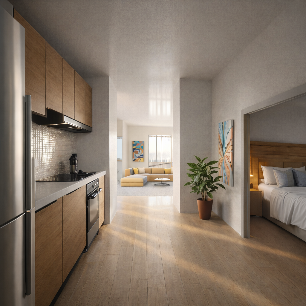 Open-concept living space with kitchen and bedroom, wooden flooring, potted plant, abstract art, and sunlit seating area with yellow sofa.