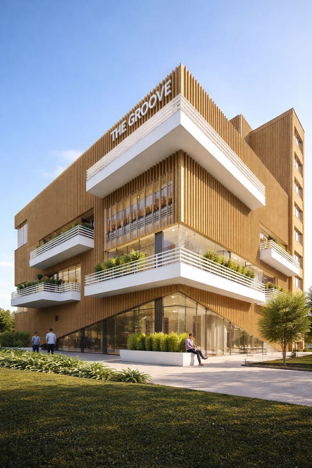 Modern multi-story building with wooden exterior and white balconies, labeled 'The Groove', surrounded by greenery and people walking and sitting outside.