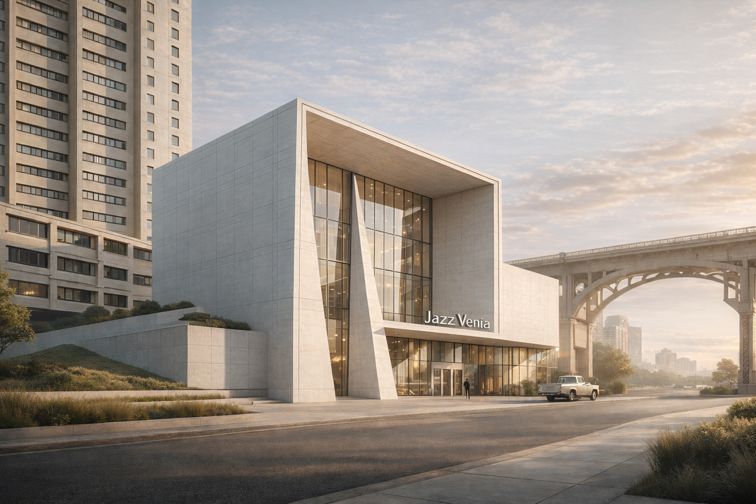 Modern theater building named Jazz Venia with large glass windows and a geometric concrete facade, located near an elevated train track, with a vintage truck parked in front and a city skyline in the background during sunset.