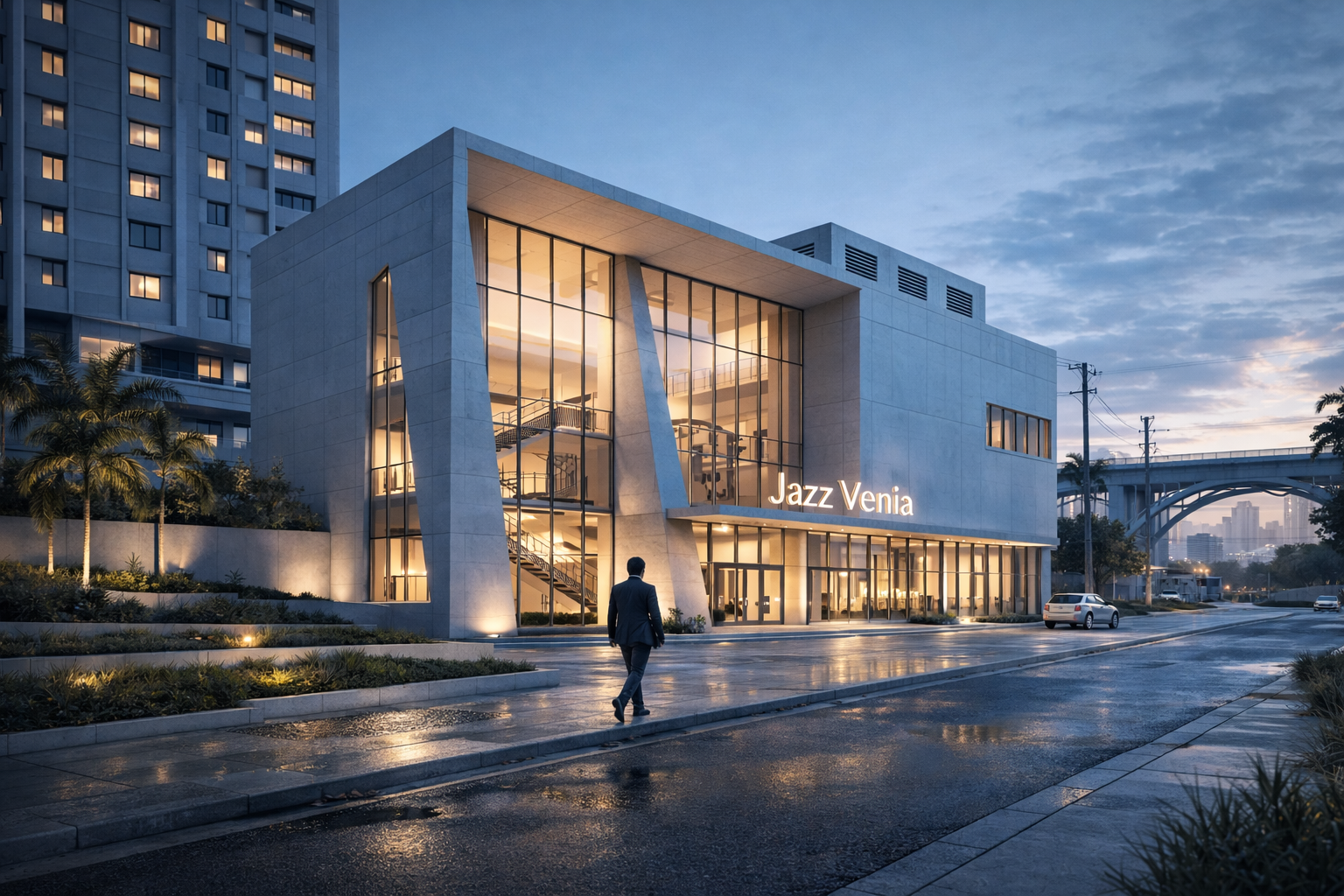 Modern building with large glass windows illuminated from inside, labeled 'Jazz Venia', on a wet street at dusk with a person walking in a suit and parked cars nearby.