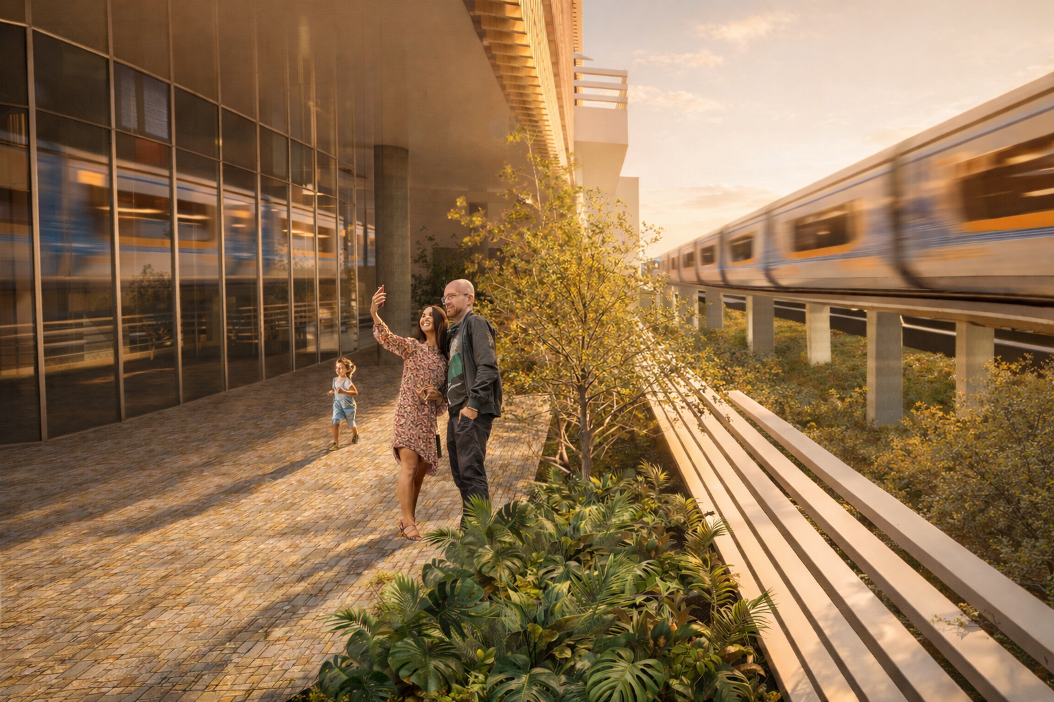 People taking a selfie outside a modern building with a train passing overhead on an elevated track at sunset.