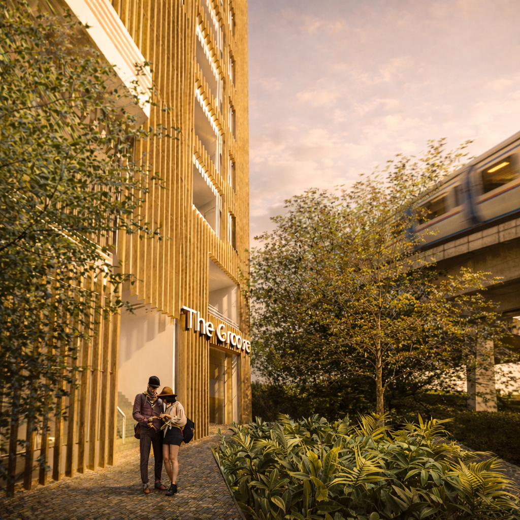 Two people walking on a cobblestone sidewalk beside a modern building with vertical wooden slats and illuminated sign that reads 'The Glooe,' with a train passing on an elevated track and trees with autumn-colored leaves.