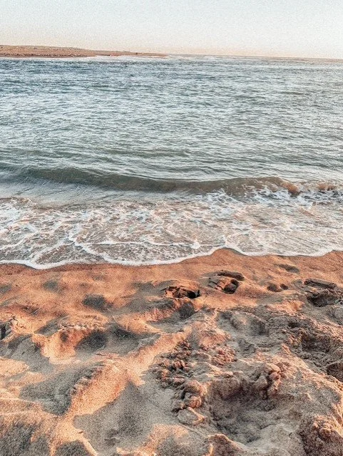 Sandy beach with gentle waves and a calm ocean under a clear sky.
