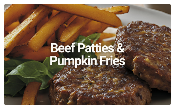 Beef patties with pumpkin fries on a plate, garnished with green leaves, with text overlay that reads "Beef Patties & Pumpkin Fries".