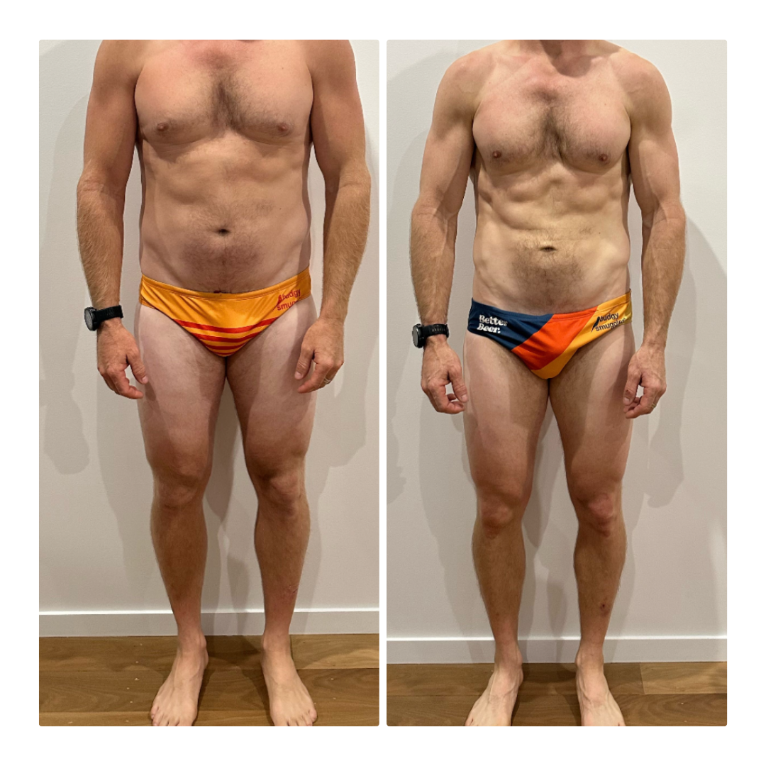Side-by-side comparison photo of a man with visible body transformation, wearing colorful underwear, standing against a white wall on a wooden floor.