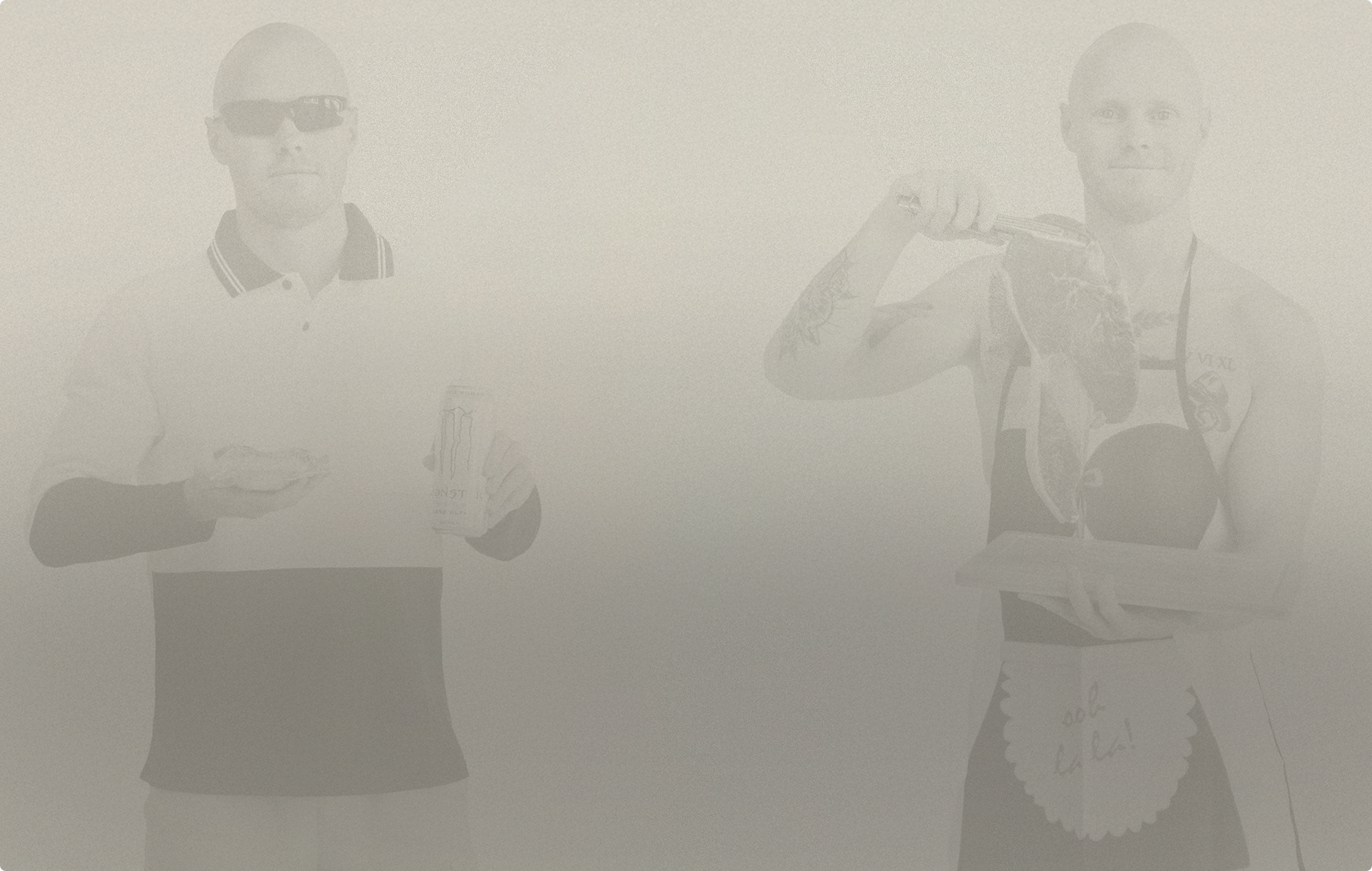 Beige grainy banner with an overlay of Lachy Oliver wearing a neon yellow tradesman shirt and visor sunglasses holding a white monster can and a pie and Lachy Oliver wearing a maids outfit holding a wooden board with a steak on it smiling