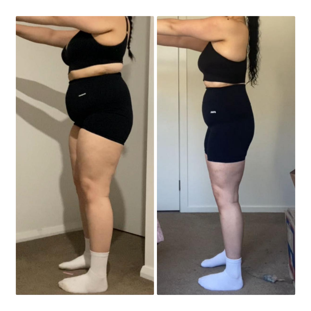 Comparison of a woman before and after weight loss, standing in profile with arms extended, wearing black sports bra, black shorts, white socks, in front of neutral backgrounds.