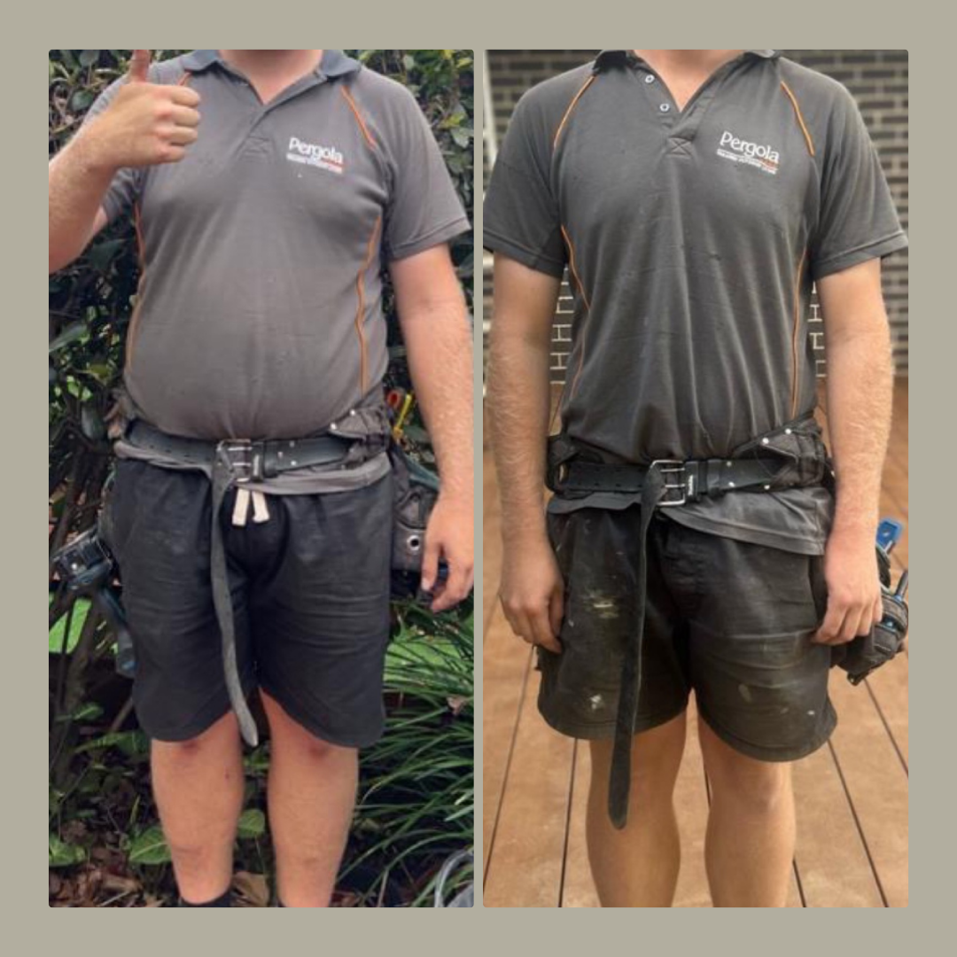Comparison of a person before and after cleaning and working on a uniform. In both images, the individual is wearing a dark gray company polo shirt with the logo 'Pergola' and black shorts with a tool belt. The left image shows the person with a dirty shirt and cleaner shorts, giving a thumbs-up gesture. The right image shows the same person with a cleaner shirt and more paint splatters on the shorts, standing indoors.