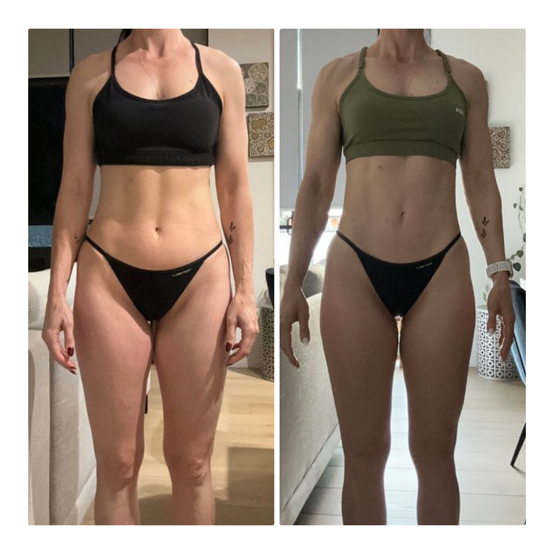 Side-by-side comparison of a woman before and after fitness transformation, wearing black sports bras and underwear, showcasing physical changes.