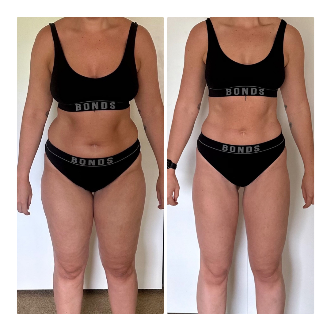Before and after photos of a woman showing weight loss and body transformation in black BONDS sports bra and underwear.