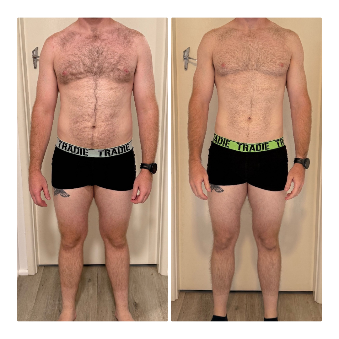 Side-by-side comparison photo of a man showing physical transformation, with the left image showing a higher body fat percentage and the right image showing a leaner physique.