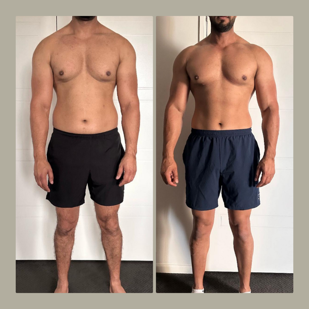 Side-by-side comparison photo of a man before and after fitness transformation, showing significant muscle definition and weight loss.