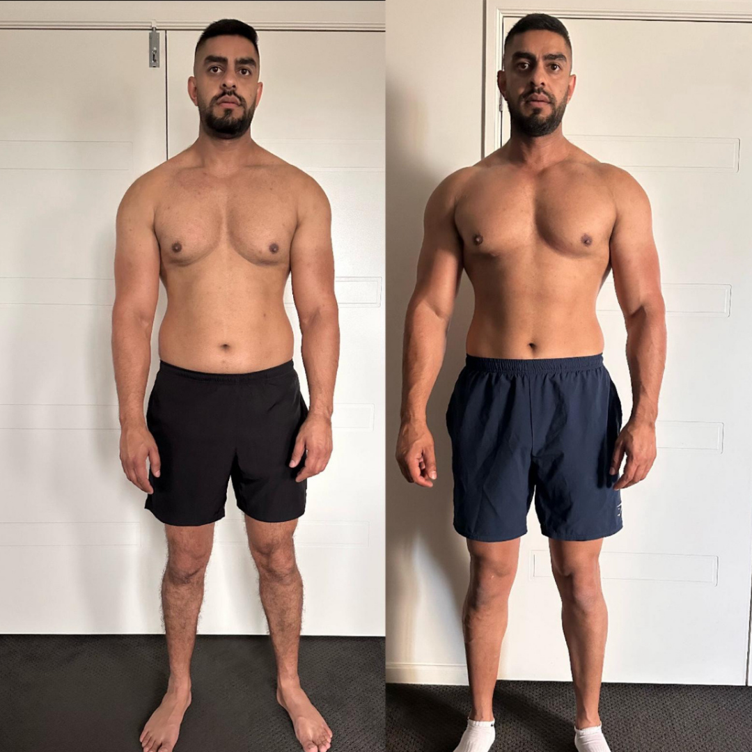 Comparison of a man's physical transformation showing a before and after photo. In the before photo, he has a less defined physique with more body fat. In the after photo, he appears more muscular and leaner with more defined muscles.