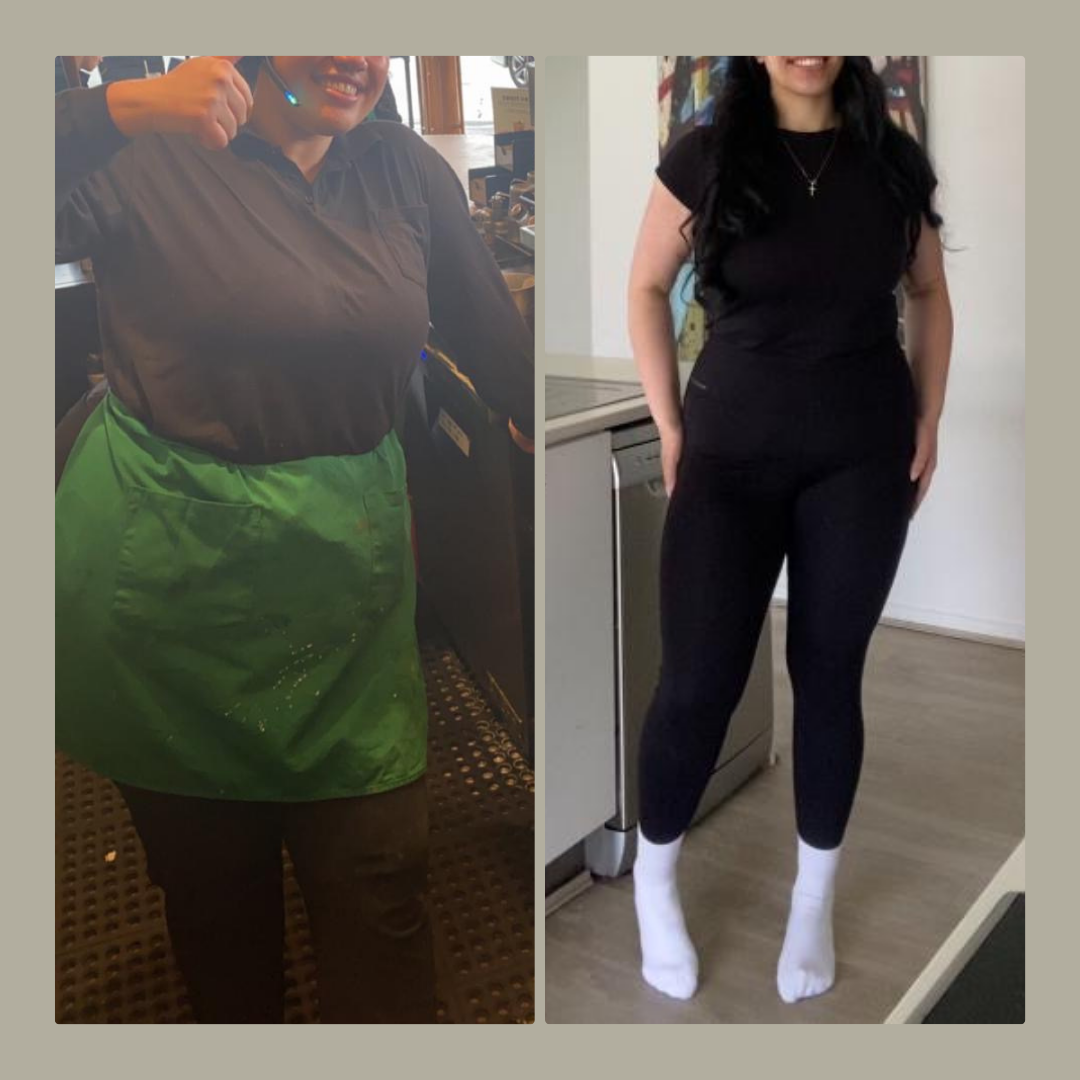 Side-by-side comparison of a woman before and after weight loss or fitness transformation. In the left photo, the woman is wearing a black top and green apron, smiling at the camera. In the right photo, she is wearing a black T-shirt and black pants, standing with her hands in her pockets, with long black hair and white socks, in a room with a modern kitchen.