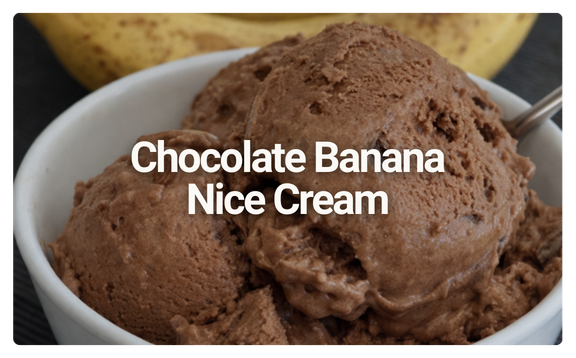 A white bowl filled with chocolate banana ice cream, with bananas in the background, labeled 'Chocolate Banana Nice Cream'.