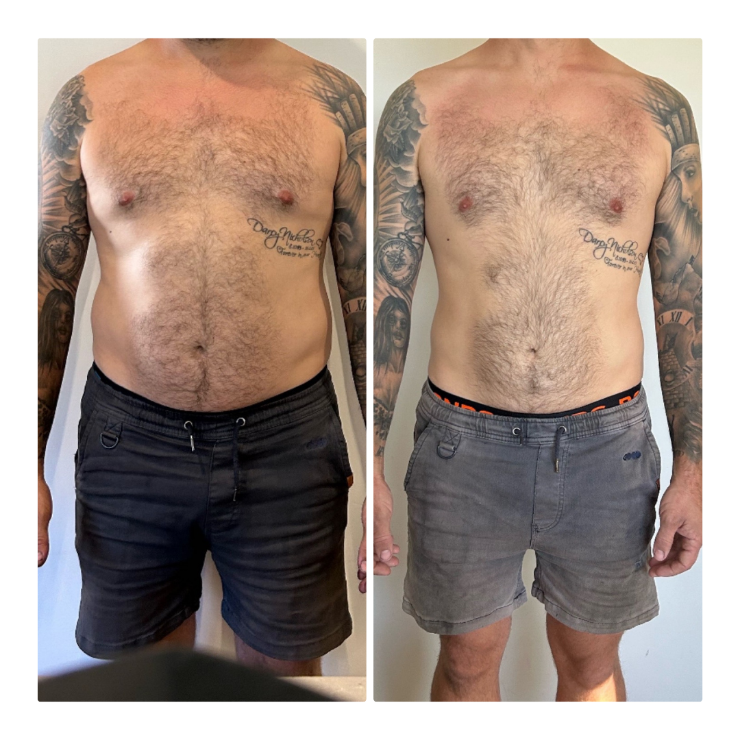 Side-by-side comparison of a man's torso before and after weight loss or body transformation, both images show him shirtless, with tattoos on his arms and chest, wearing shorts, standing against a plain background.
