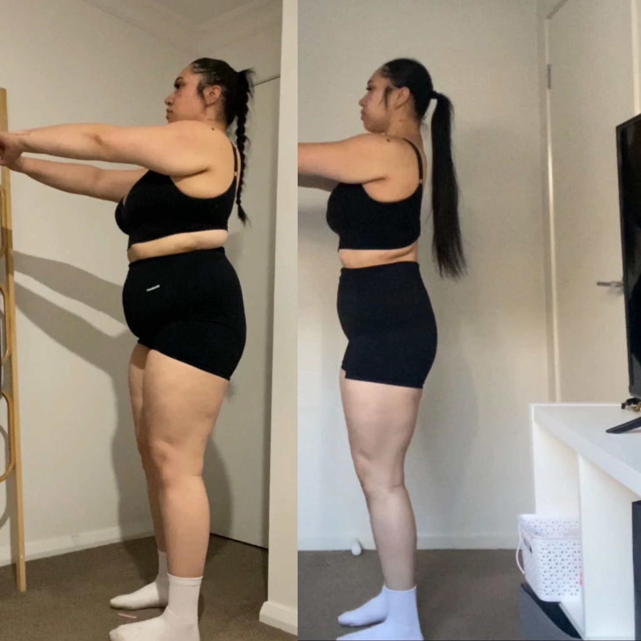 Side-by-side photos of a woman before and after weight loss: on the left, a woman wearing a black shirt and a green apron at work; on the right, the same woman with a slimmer figure, wearing a black top and black pants, standing in a room with white walls and a clear floor.