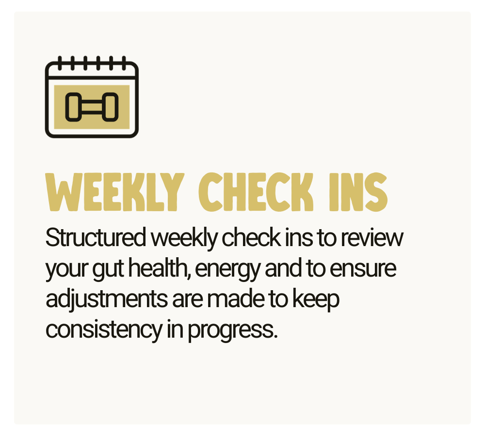 Weekly Check Ins - Structured weekly check ins to review your gut health, energy and to ensure adjustments are made to keep consistency in progress.