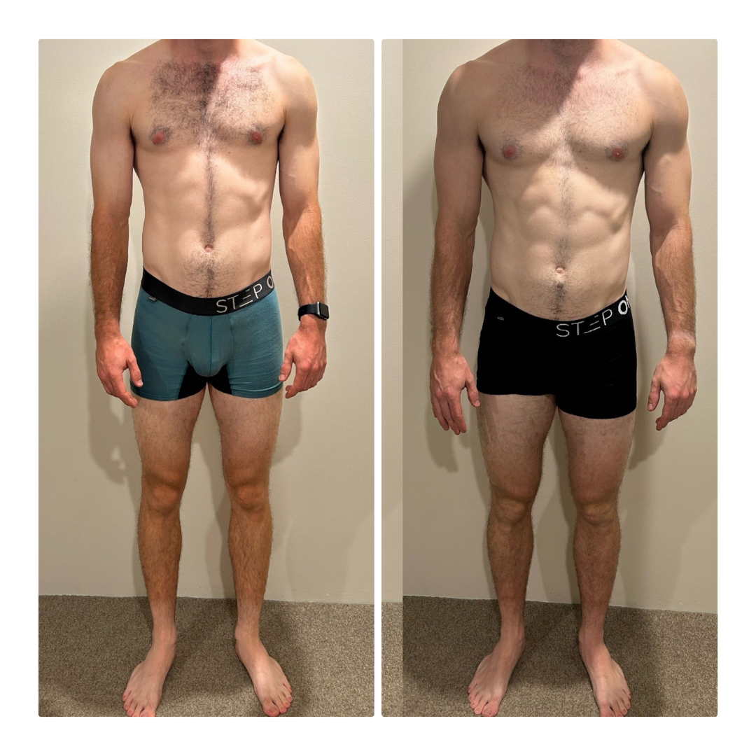 Side-by-side comparison of a man before and after fitness transformation, showing changes in muscle tone and body fat, wearing workout shorts.
