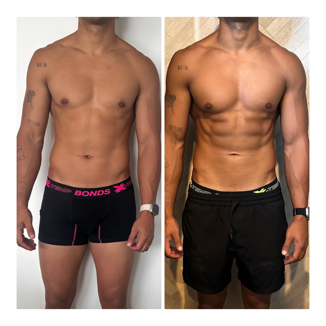 Side-by-side comparison of a shirtless man with athletic build, showing his torso and abs; on the left, he has less muscle definition, and on the right, he has more defined abs and a muscular physique.