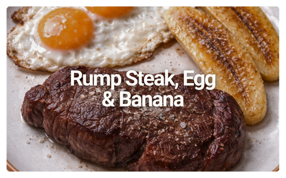Cooked ribeye steak with eggs and sliced bananas on a plate.