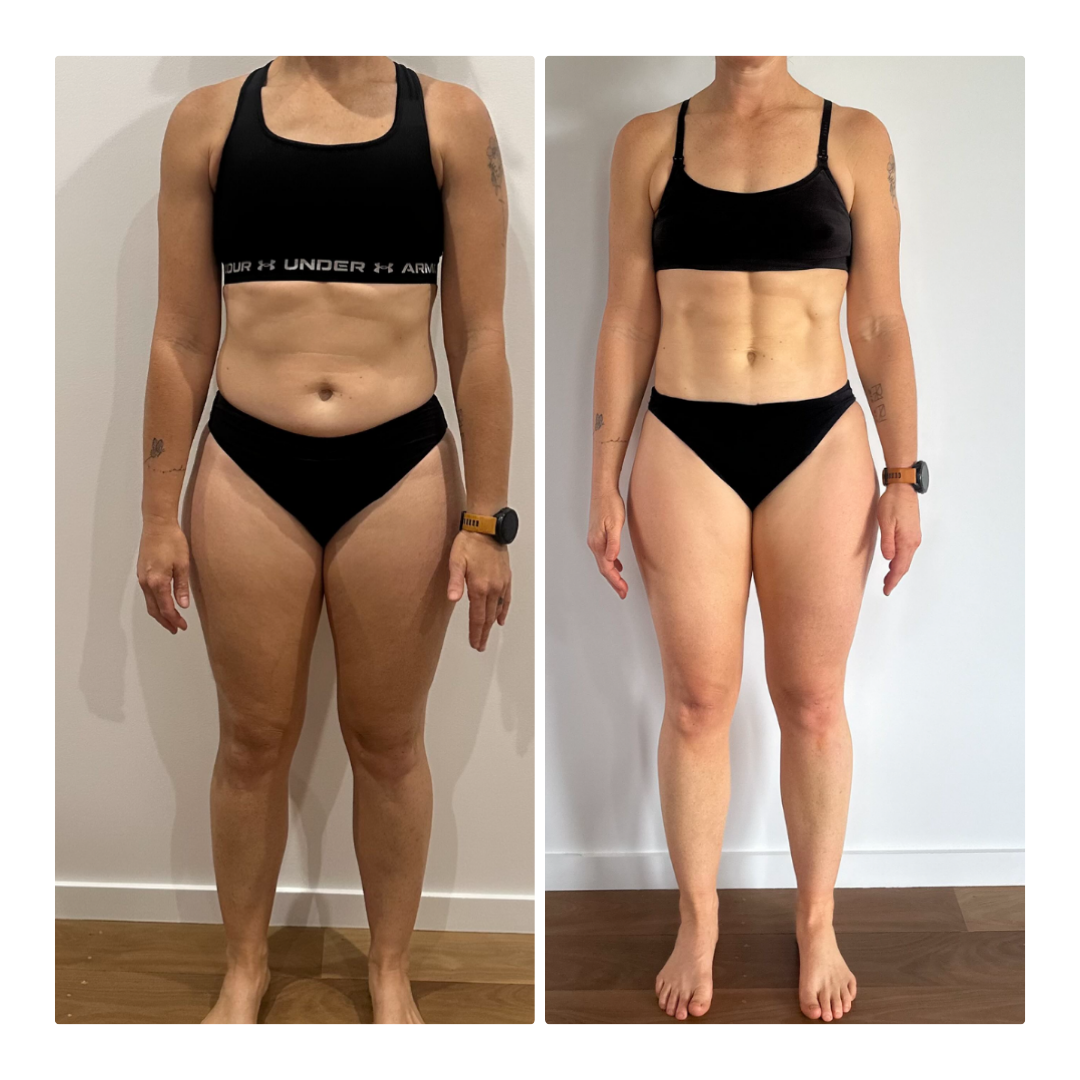 Side-by-side comparison of a woman before and after fitness transformation, showing significant weight loss and muscle toning.