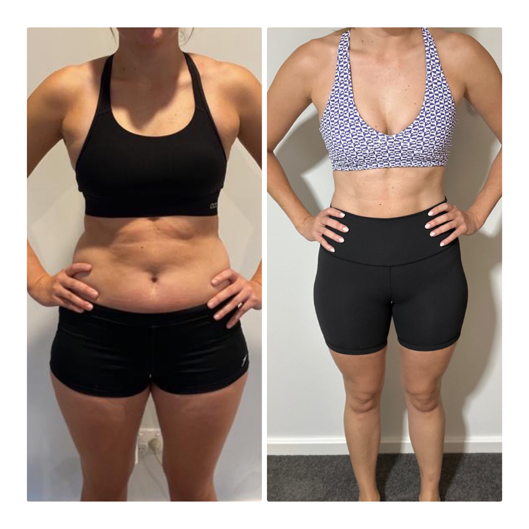 Side-by-side comparison of a woman's body before and after weight loss or fitness transformation, wearing black shorts and sports bras.