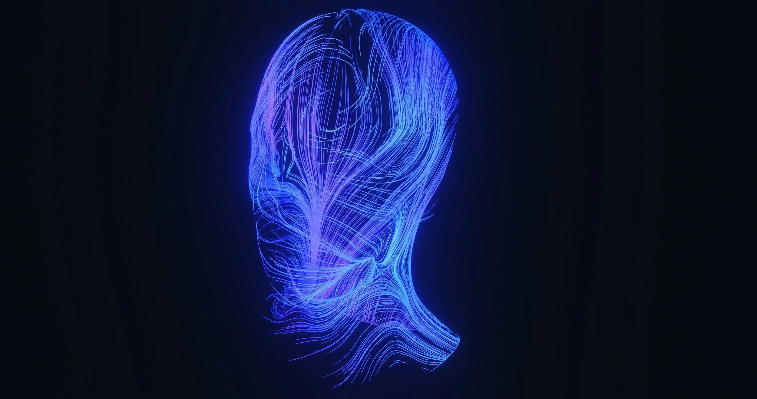 An abstract digital art of a human head outlined with glowing blue lines against a black background.