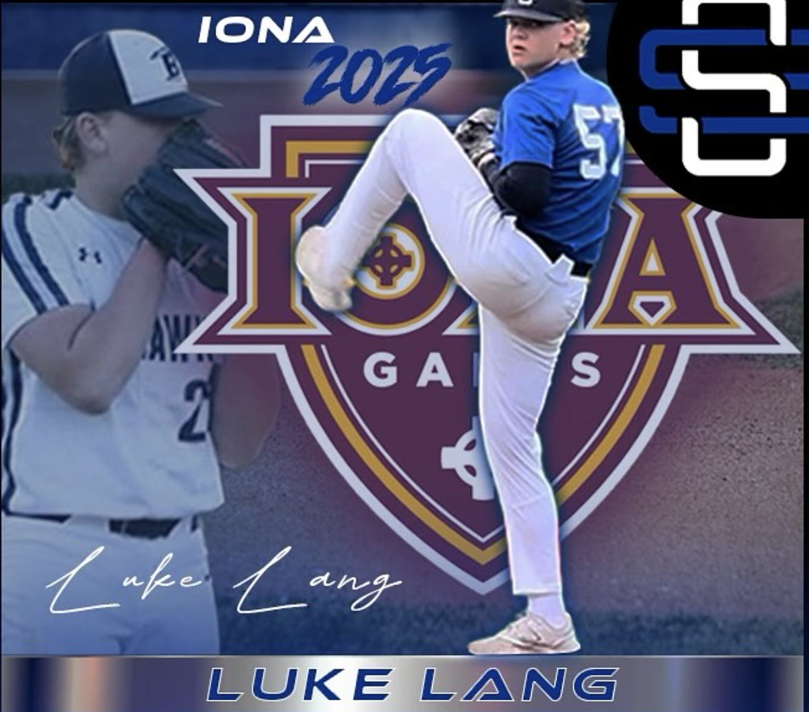 A baseball player in a blue jersey with number 57, white pants, and a cap, standing on a baseball field with one leg raised. The background includes a large team logo with the name 'Iona' and the year '2023,' along with text that reads 'Life Long' and the name 'Luke Lang.'