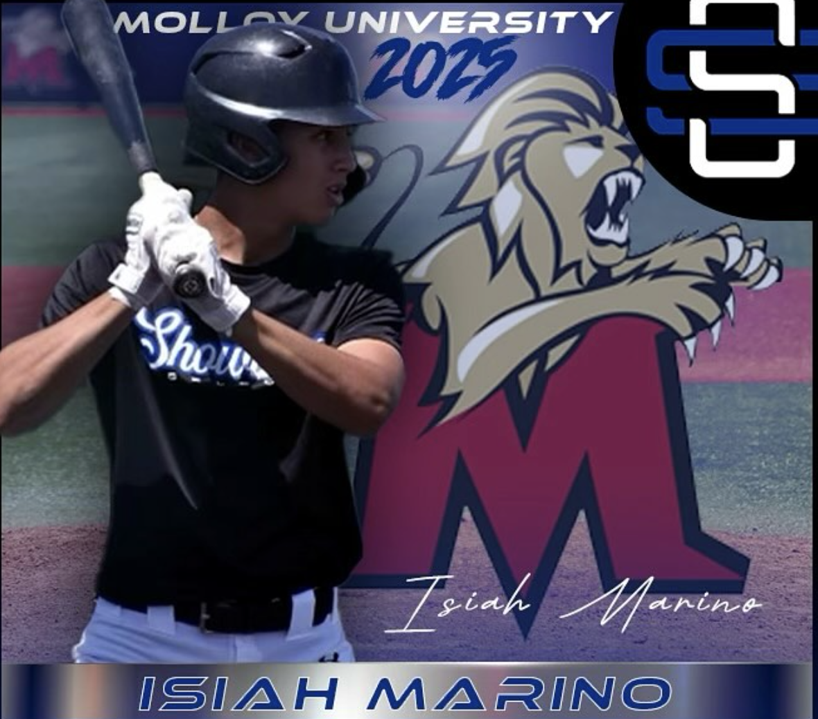 A young baseball player in a black uniform and helmet holding a bat, standing in front of a mural with the Missouri Southern State University logo and a roaring lion graphic. Text on the mural reads 'Molloy University 2025' and 'Isiah Marino'.