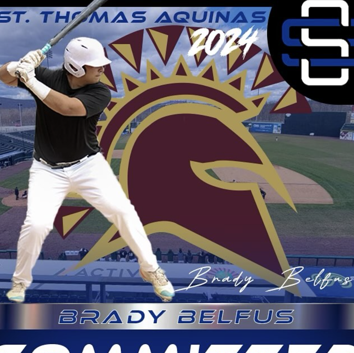 A baseball player wearing a helmet and black shirt swinging a bat at a stadium with a Boise State Broncos logo superimposed in the background, and text indicating the year 2024 and the name Brady Belfus.