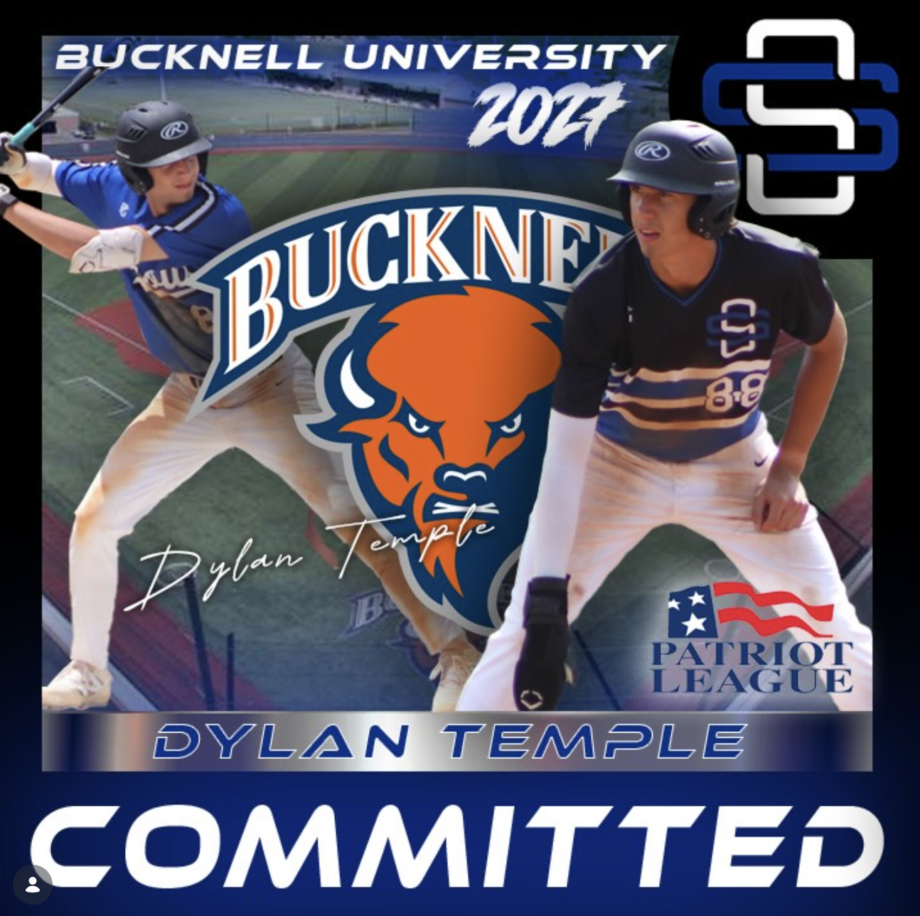 A graphic design celebrating Dylan Temple's commitment to Bucknell University for the Patriot League 2023 baseball season, featuring two baseball players in uniform, the Bucknell logo with a lion's face, and patriotic colors and symbols.