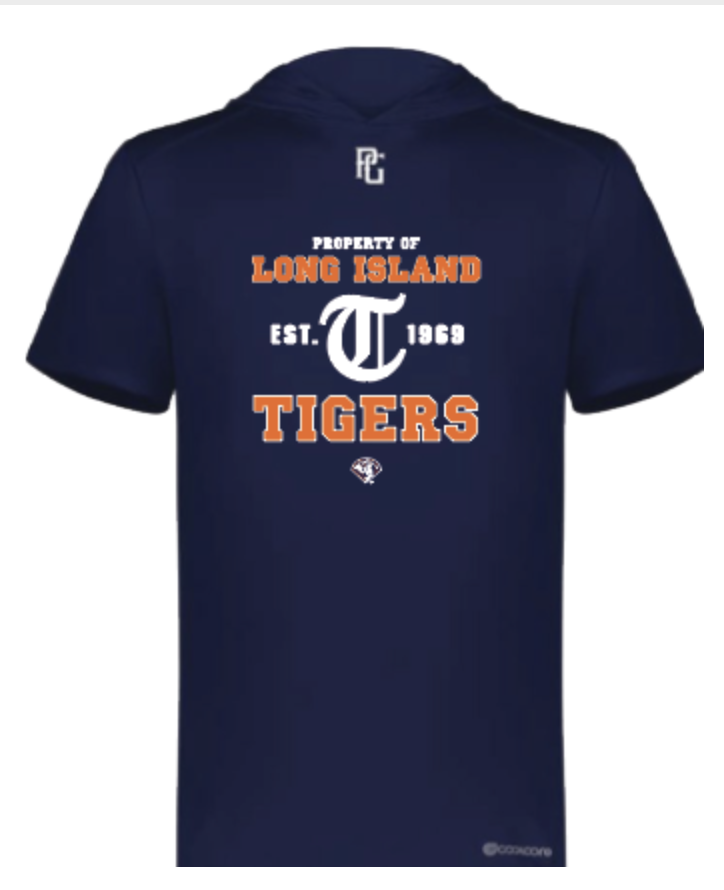 Navy blue T-shirt with orange and white text that reads 'Property of Long Island, EST. 1969, Tigers' and features the Long Island Tigers logo.