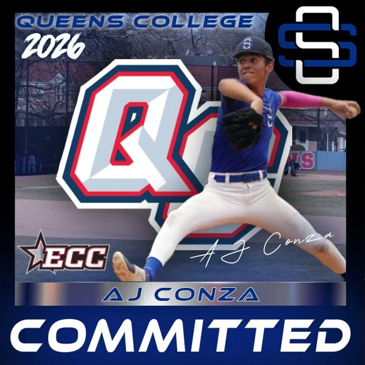 Graphic celebrating baseball player AJ Conza joining Queens College baseball team in 2026, featuring the Queens College logo, AJ Conza in a pitching stance, and the ECC logo.