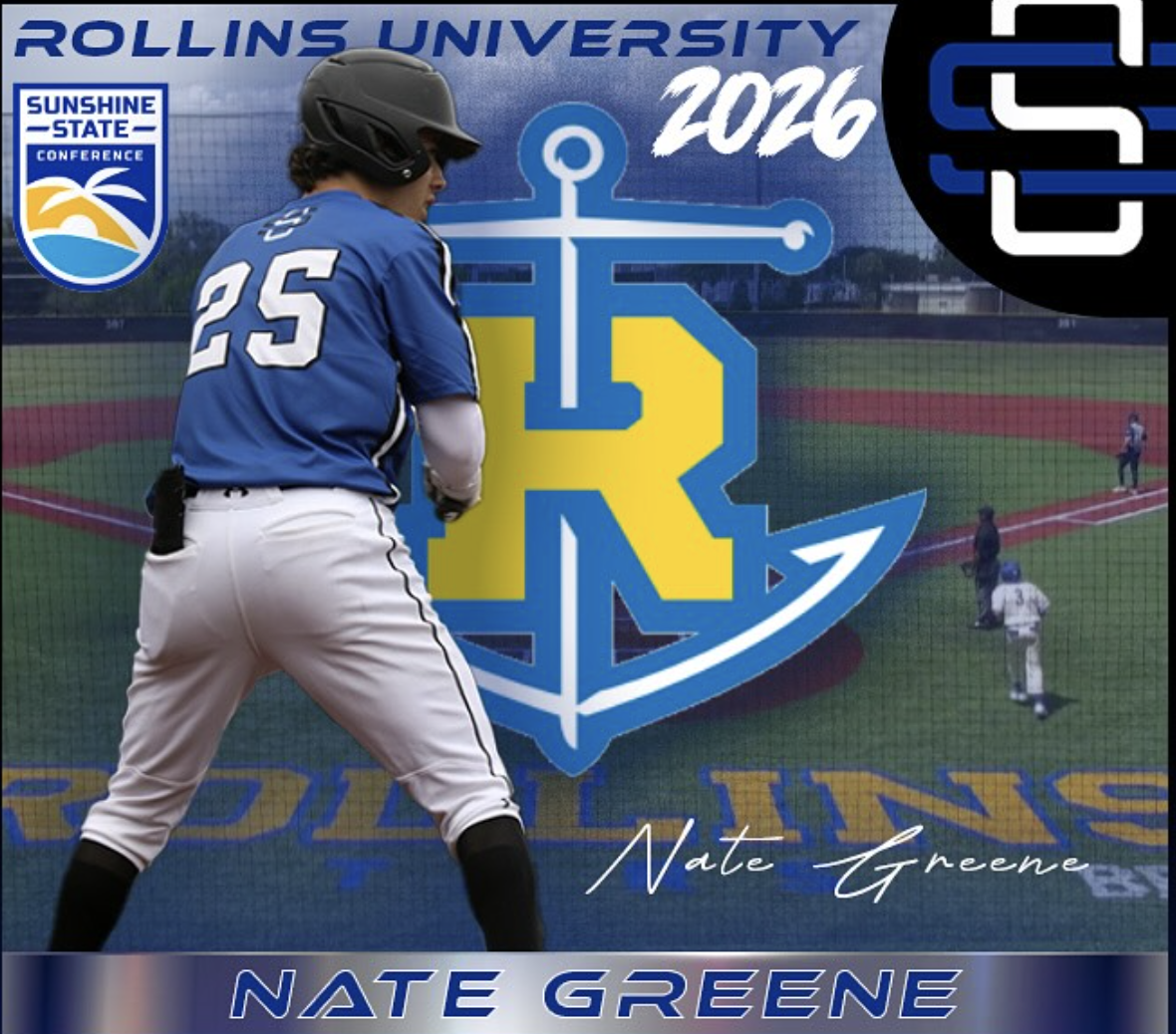 Nate Greene in baseball uniform standing on a baseball field with a large university logo in the background, text reading 'Rollins University 2026,' and an indication of a sporting event or announcement.