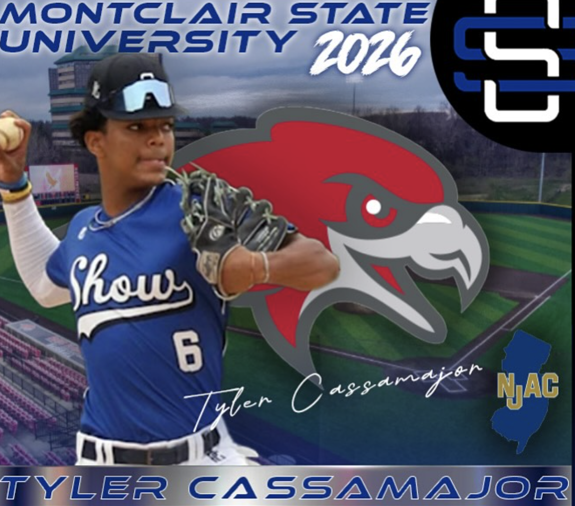 Graphic promoting Tyler Cassajon at Montclair State University 2026 baseball game, featuring a player in blue uniform, a baseball field background, a large hawk logo, and the New Jersey and Atlantic Coast logos.
