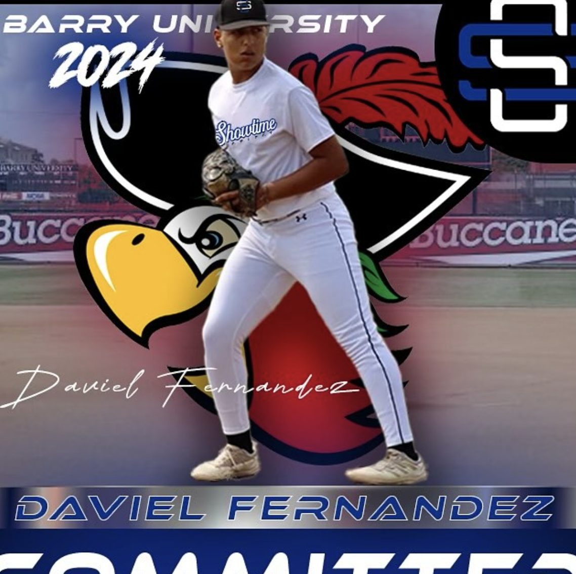 A baseball player in white uniform and cap standing on a field holding a glove, superimposed over a colorful logo of a bird and a red feather, with text indicating the player is Daniel Fernandez, part of Barry University's 2024 baseball team.