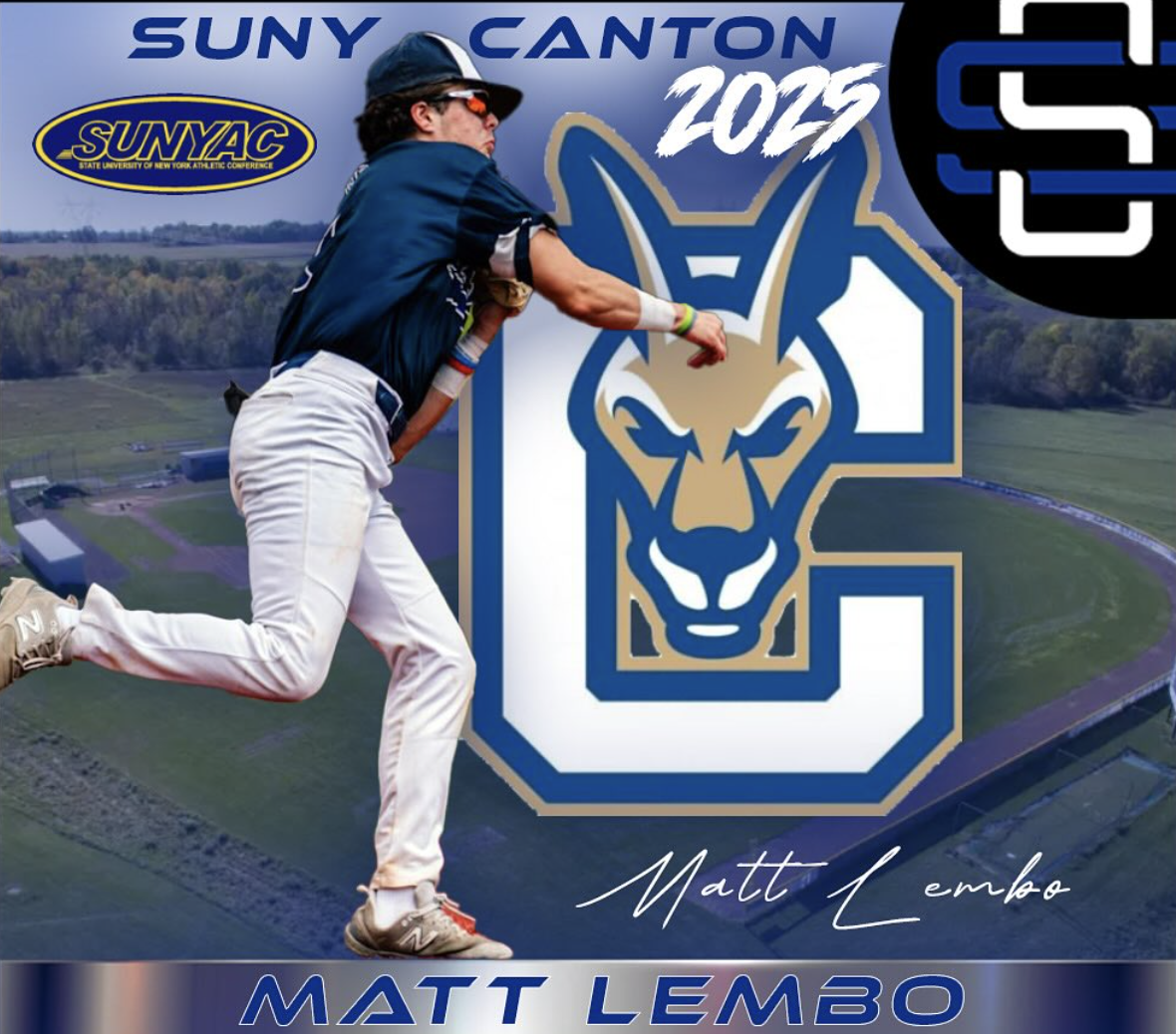 A baseball player in uniform running on the field, with a large logo of a blue and gold tiger's head and the text "C 2025" in the background. The logo also features the words "SUNY CANTON" and "SUNYAC".