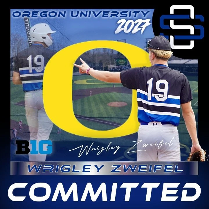 A promotional graphic for Oregon University's 2023 baseball team, featuring a player in a jersey with the number 19, pointing towards a baseball field, with text indicating commitment by Wrigley Zweifel.