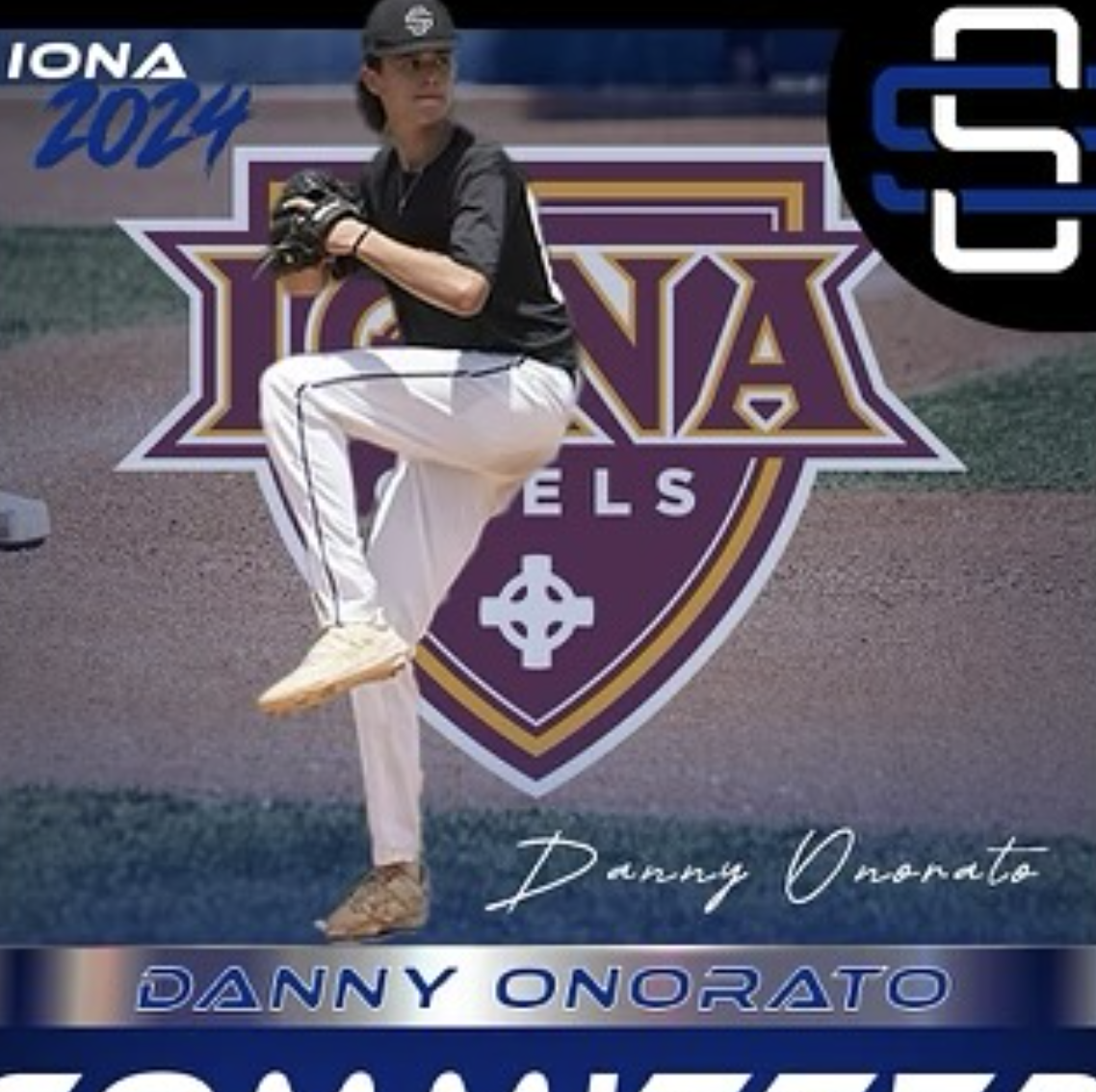 A baseball player in a black shirt and white pants pitching on a baseball field with a large purple and gold logo in the background that reads "Danna Angels" and "Danny Onorato."