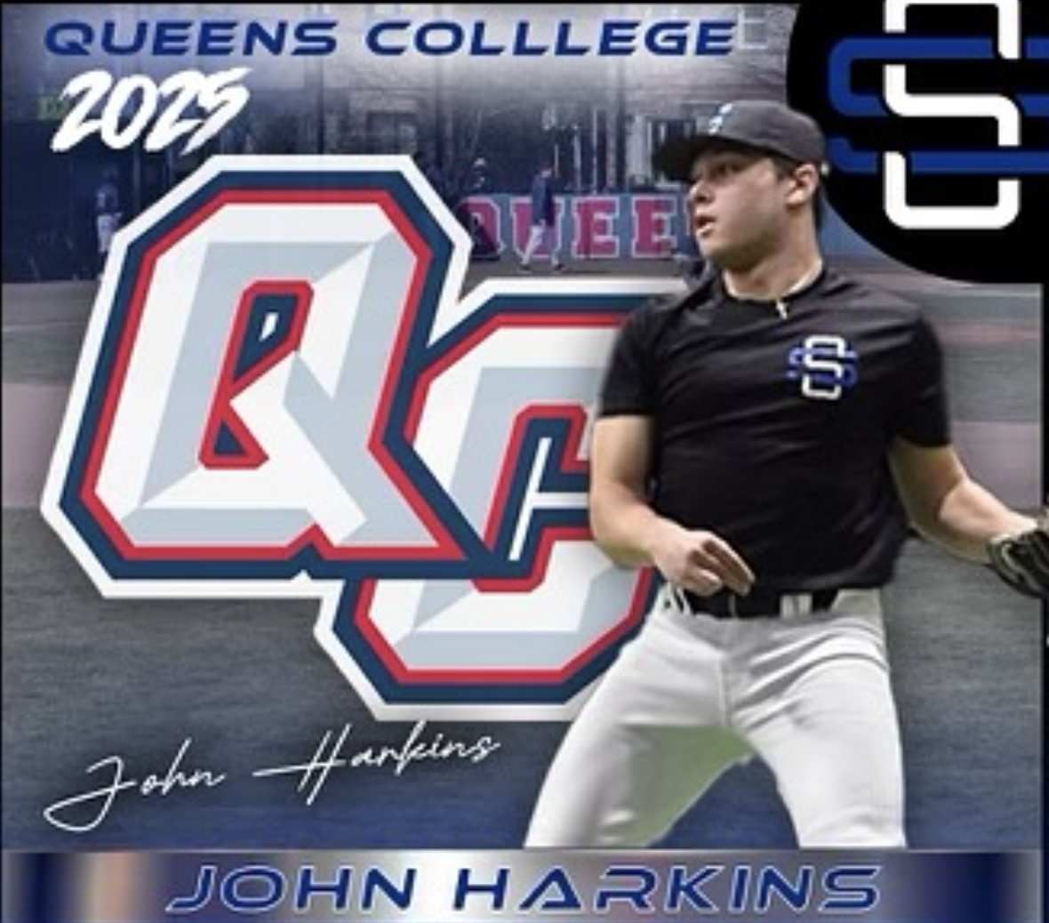 A poster for Queens College baseball featuring John Harkins, with a baseball player in uniform standing next to the college logo.