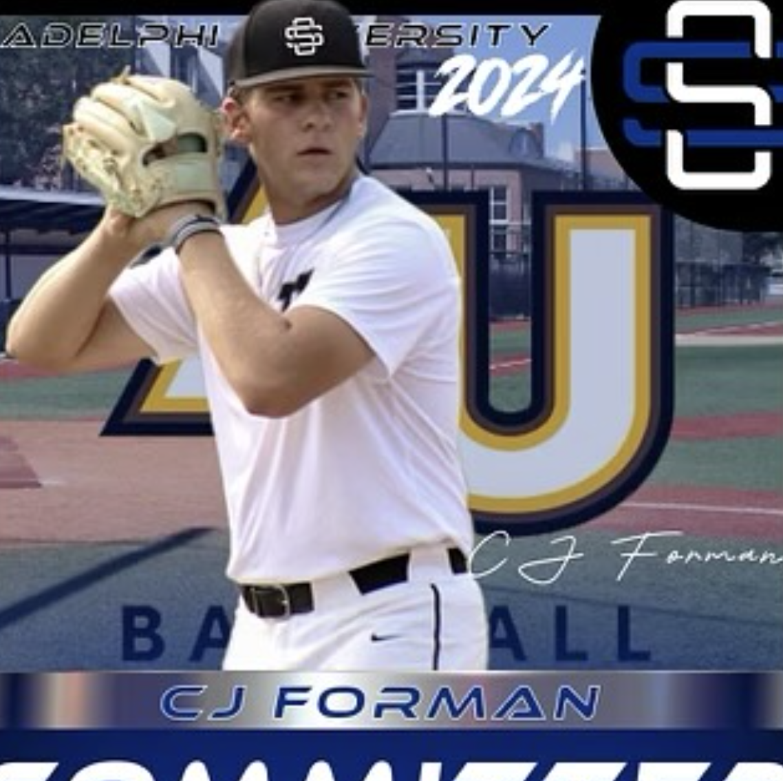 A young man in a baseball uniform is holding a baseball glove and standing on a baseball field. The background features a large graphic with the University of San Diego's logo and the text "2024" and "CJ Forman." The image appears to be promotional, possibly for a college baseball team.