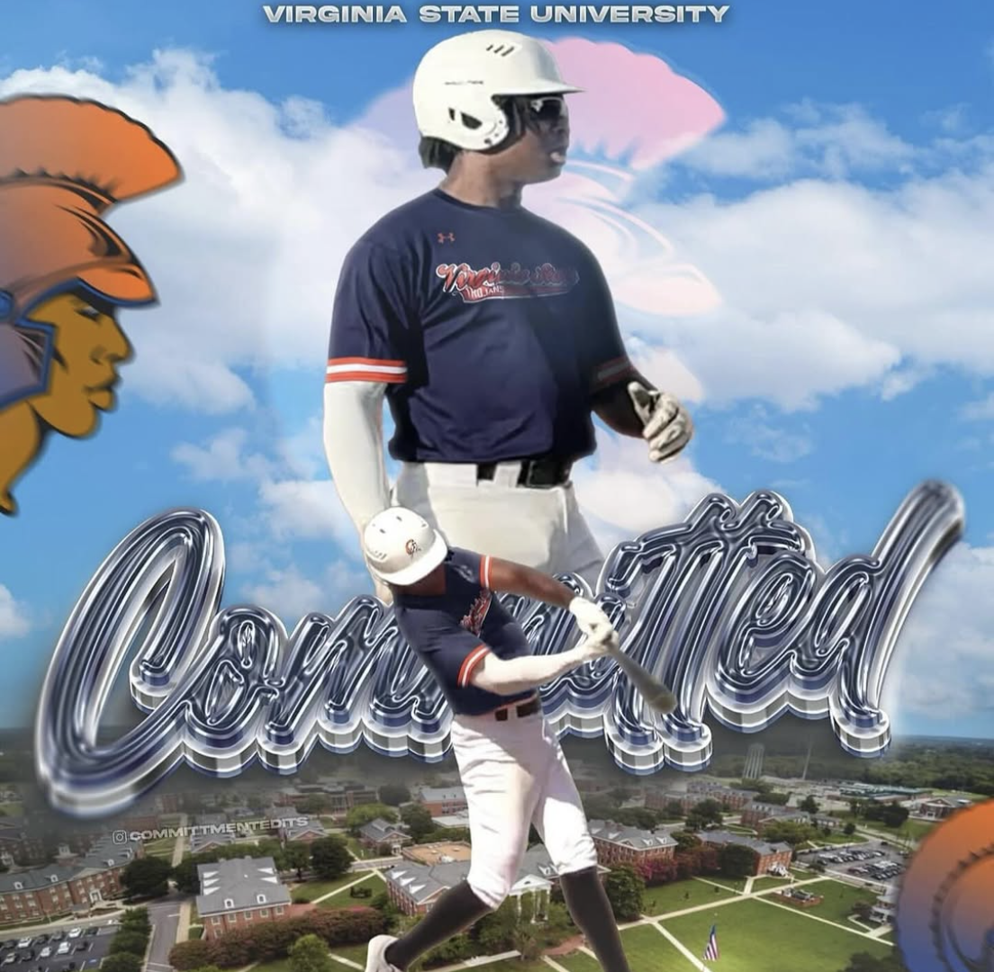 A digital collage featuring two baseball players in Virginia State University uniforms, one in a batting stance and the other in a running position, with a backdrop of a campus and a sky filled with clouds. The collage includes the Virginia State University logo, the Ford logo, and the text 'Virginia State University' at the top.