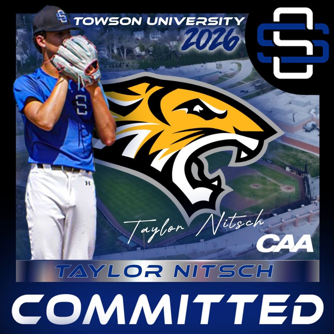 Graphic announcing Taylor Nitsch's commitment to Towson University for 2026, featuring a baseball player in a blue uniform and cap, the Towson Tigers logo, and an aerial view of a baseball field and university campus.